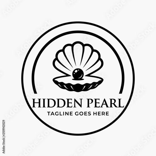 Elegant clam shell holding a pearl within a round frame for luxury or beauty brands.