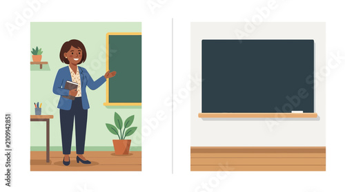 Female teacher in classroom pointing at blackboard flat vector illustration
