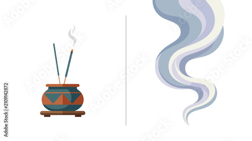 Flat vector illustration of burning incense sticks in ceramic bowl