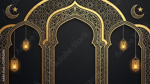 Ornate gold Islamic arch with lanterns on black.