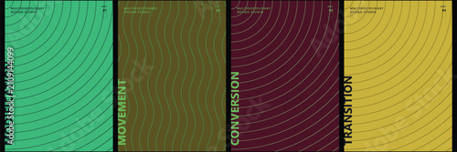 Minimalist geometric poster set with modification and movement themes, abstract line art covers in green and yellow, vector graphic collection