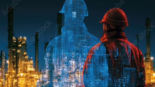 Futuristic Industrial Visionary Engineer Overseeing Refinery Operations.