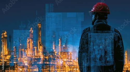 Industrial Worker Overseeing Oil Refinery Operations at Night.
