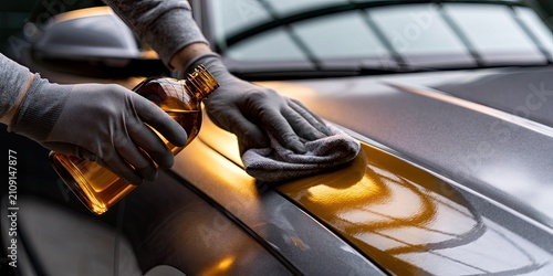 Close-up of hands in gloves applying polish to a cars surface.