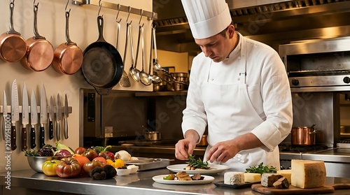 Professional chef plating gourmet dish in restaurant kitchen.