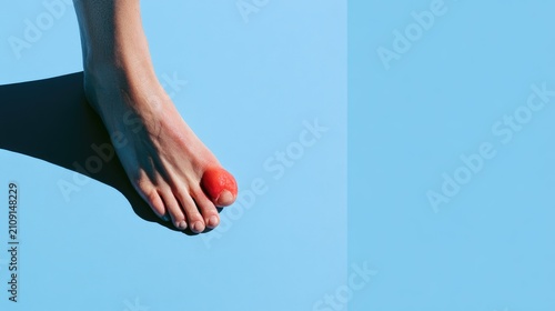 Close-up of a Human Foot with a Cherry Tomato on the Big Toe Against a Blue Background.