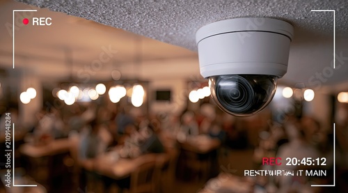 Security camera recording footage inside a busy restaurant at night.