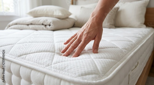 Hand Testing Comfort of White Quilted Mattress