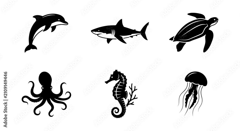 Fototapeta premium Marine Life Icons Set: Dolphin, Shark, Turtle, Octopus, Seahorse, Jellyfish Vector Graphics