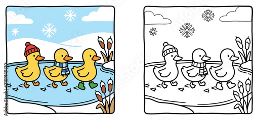 Obraz na plátně Cute cartoon ducklings walking on frozen pond in winter vector illustration set