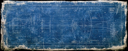 Vintage Blue Blueprint Paper with Grid Lines and Frayed Edges.