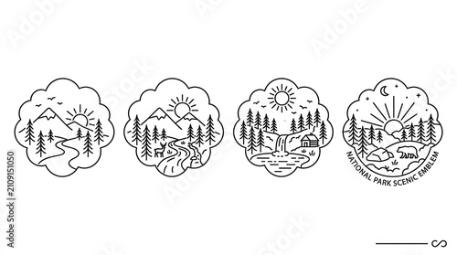 Nature Landscapes Set: Mountains, Forests, Rivers, Wildlife - Line Art Icons