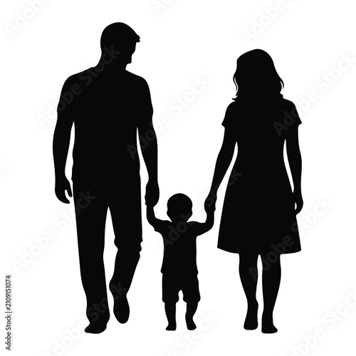 Silhouette of parents walking with toddler, holding hands