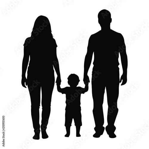 Silhouette of parents walking with toddler, holding hands