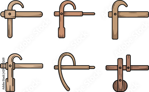 collection of cartoon wooden gate latches and latch bolt designs on white