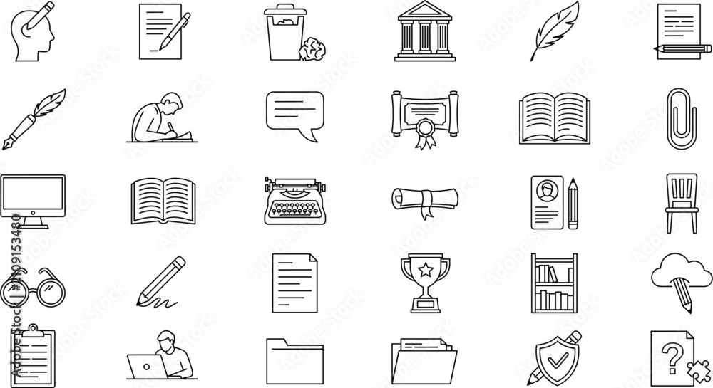 Fototapeta premium Literature education and copy writing outline icons set featuring typewriter certificate trophy books computer feather quill and library elements on white background.