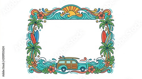 Nautical Beach Frame with Surfboard, Palm Trees, and Woody Car