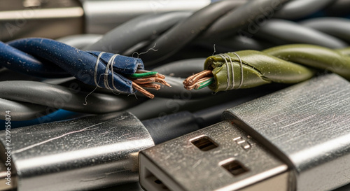 Closeup of damaged electrical wires and usb connectors, showing exposed copper wiring and insulation