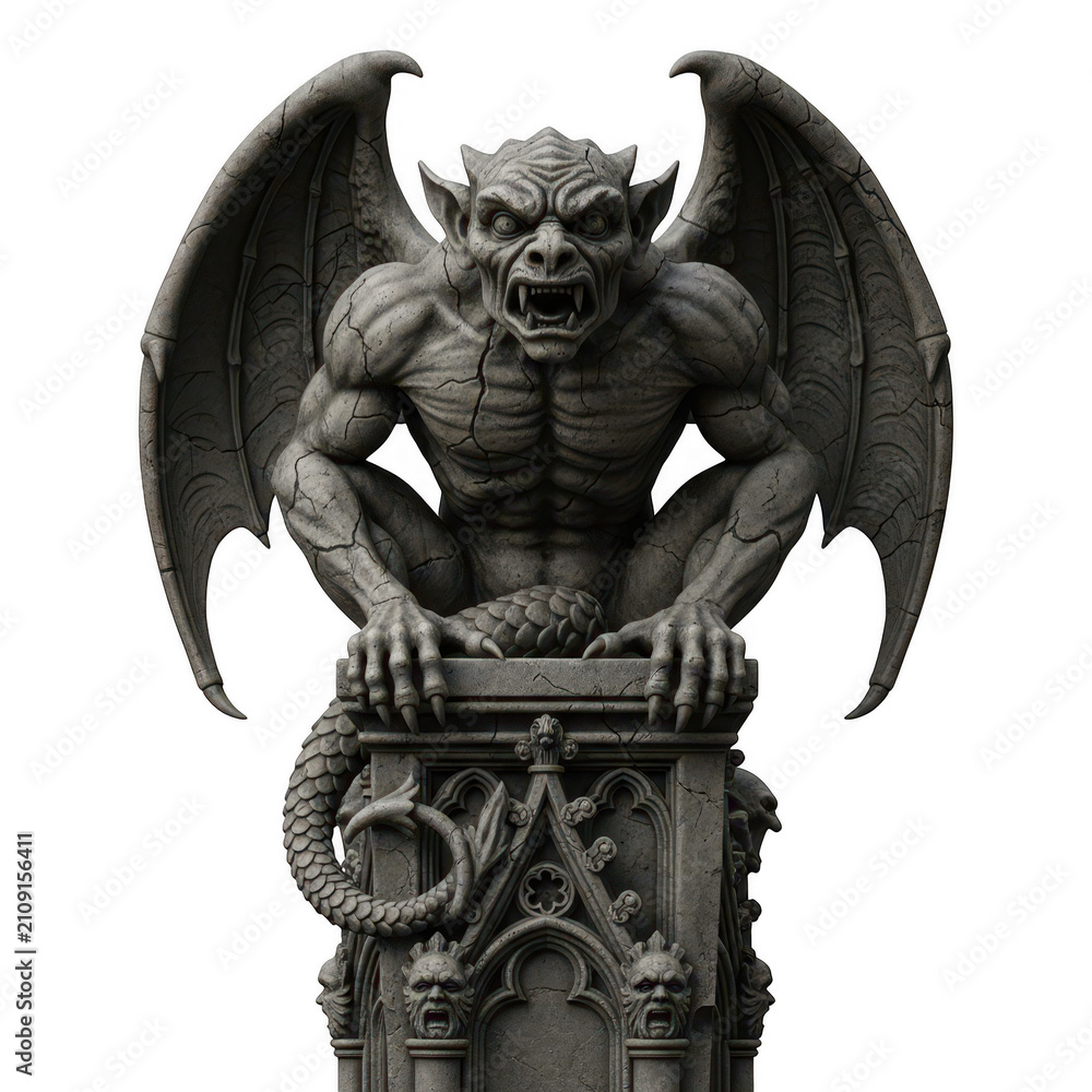Fototapeta premium Old stone gargoyle statue with wings perched on a decorative gothic column pillar isolated on transparent background