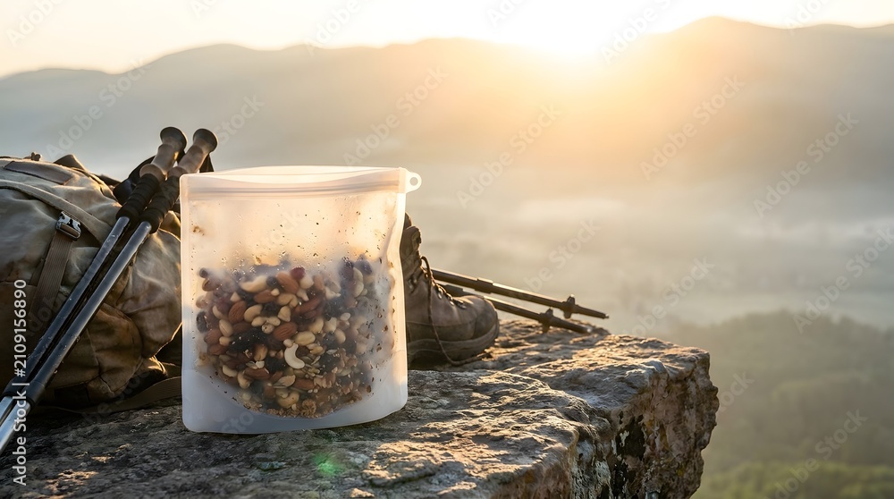 Fototapeta premium Outdoor Hiking Gear on Cliff Edge at Sunrise