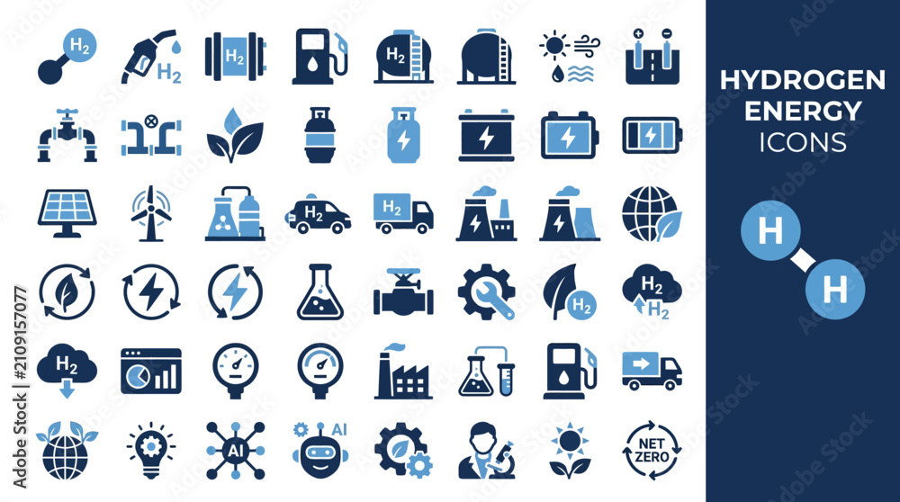 Fototapeta premium Hydrogen energy icons set displays various symbols representing sustainable fuel sources, chemical formulas, industrial transport methods, power plant infrastructure, and environmental conservation.
