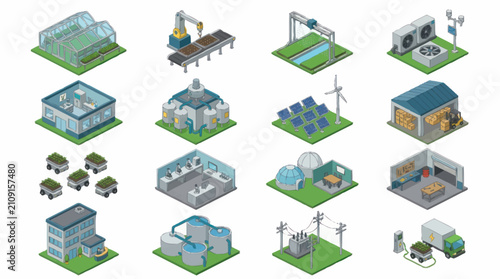 Isometric illustration of eco friendly buildings and renewable energy sources.