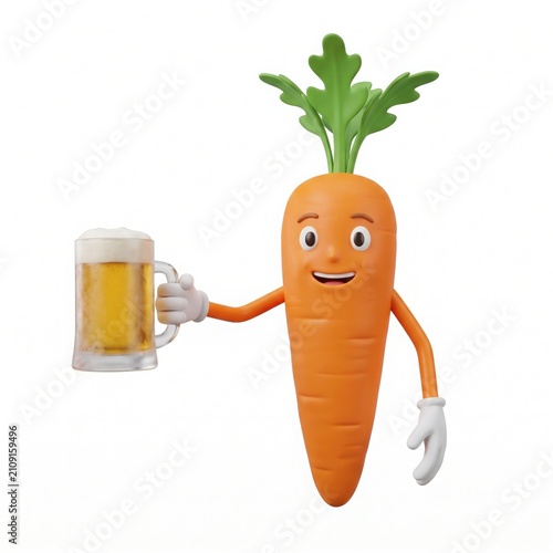 Happy Carrot Character Holding a Glass of Beer