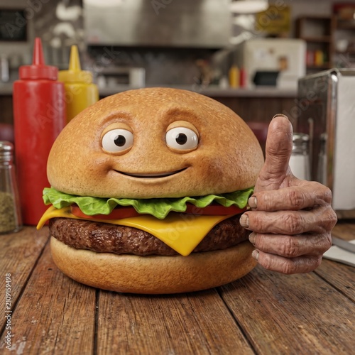 Funny anthropomorphic hamburger character giving a thumbs up in a diner setting
