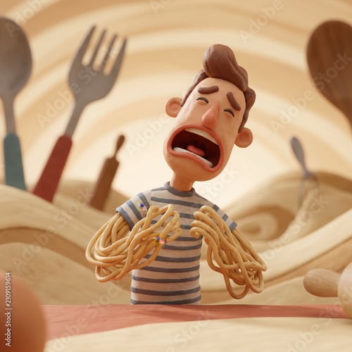 Man with spaghetti arms screaming in kitchen with utensils