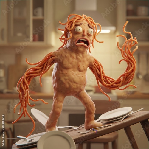 Funny Spaghetti Monster Character with Noodle Hair and Arms in Kitchen