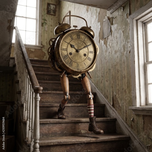 Anthropomorphic alarm clock with wooden legs walks down a dilapidated staircase