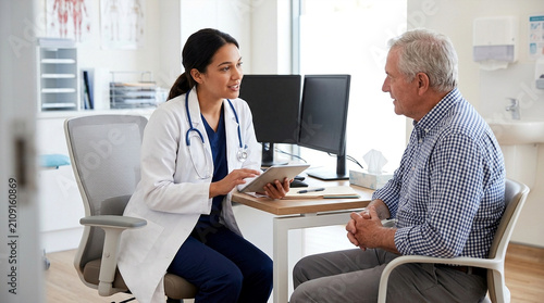 Caring female doctor consults with senior male patient holding a digital tablet in clinic office