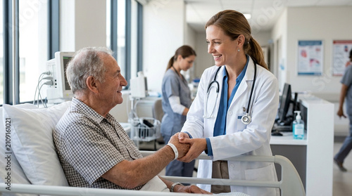 Caring female doctor holding hands with a smiling senior male patient in a hospital ward