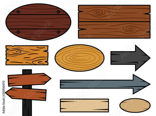 Set of Cartoon Wooden Signs, Arrows, and Plaques
