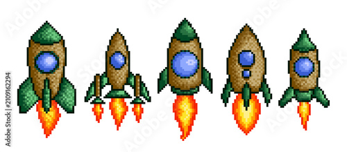 A set pixel green rockets in flight.
