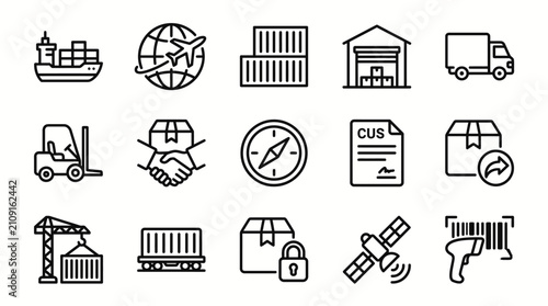 Logistics icons display shipping processes and supply chain operations in a linear outline style.
