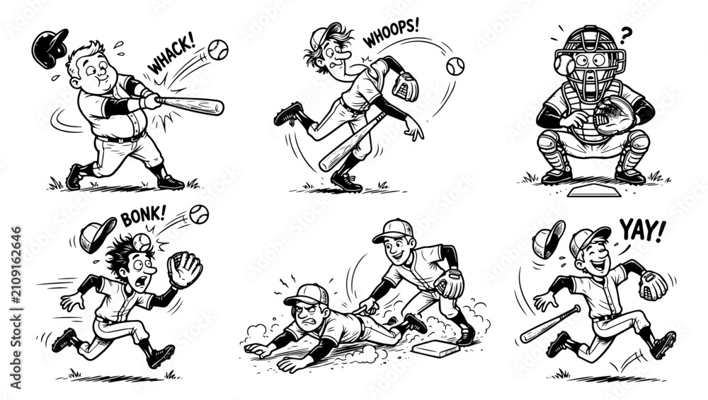 Obraz premium Baseball player cartoon set. Hand drawn sports sketches of athletes in action.