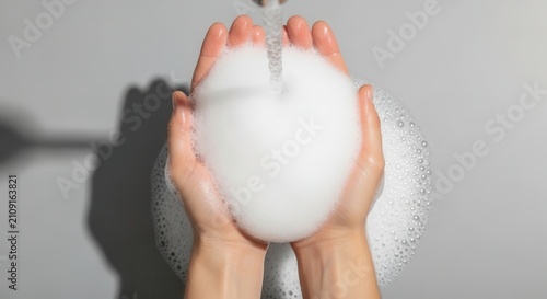 Woman's hands washing with soap bubbles, clean hygiene concept