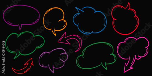Speech bubbles comic on doodle set. isolated on black background. vector illustration