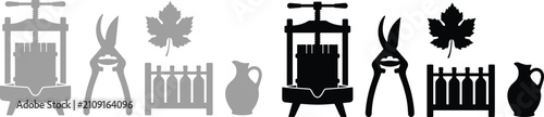 Foto Set of winemaking icons, wine press, pruning shears, grape leaf, bottle rack, an