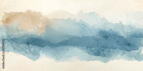 Photos Abstract Watercolor Landscape with Serene Hues A minimalist watercolor painting features layered washes of calming blue and earthy brown, evoking a sense of tranquil