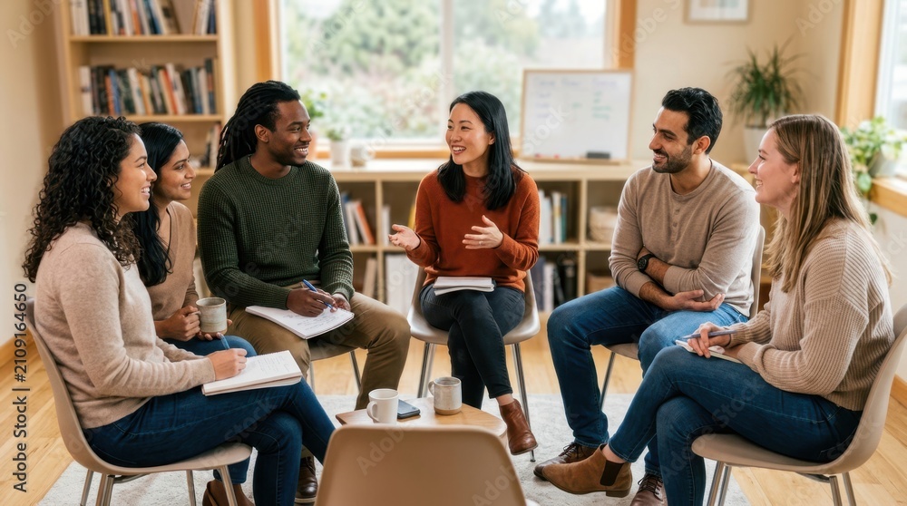 Fototapeta premium Diverse group of people sitting in a circle, engaging in a discussion