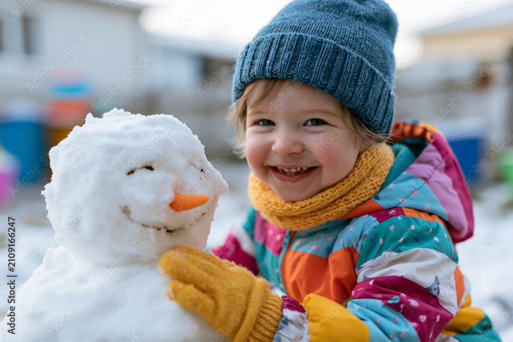 Obraz premium Child laughs beside snowman. Wears bright winter coat and knitted hat. Gloved hand gently rests on snowman's cheek. Snowman has carrot nose and simple smile. Background shows blurred snowy yard