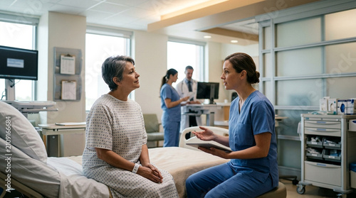 Caring nurse discussing medical results with a female patient wearing hospital gown in clinic