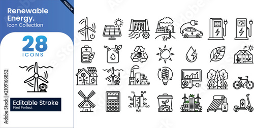 Bild auf Leinwand 35 Renewable Energy and Green Technology Icons Set with Wind Turbine, Solar Pane