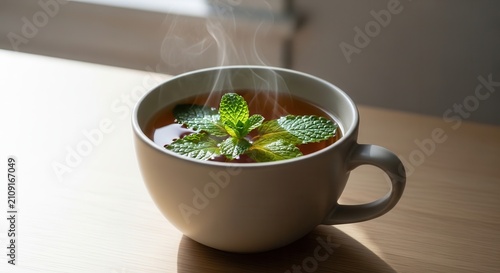 Steaming cup of herbal tea with mint leaves on a wooden table
