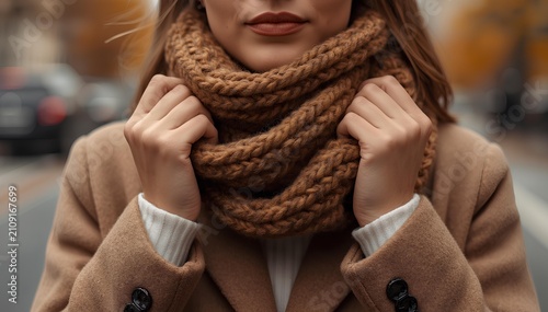 Elegant young woman wrapped in a warm chunky knit scarf and beige coat during autumn  fashion stock