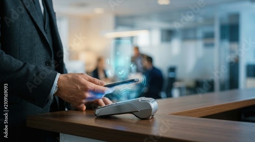 Man making mobile payment using smartphone with contactless terminal modern pay via contactless