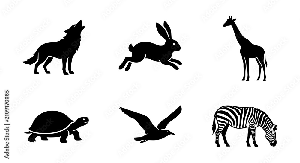 Fototapeta premium Diverse Animal Silhouettes Collection: Wolf, Rabbit, Giraffe, Turtle, Bird, Zebra Icons