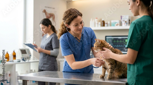 Caring veterinarian examining a tabby cat while assistant works in a brightly lit clinic